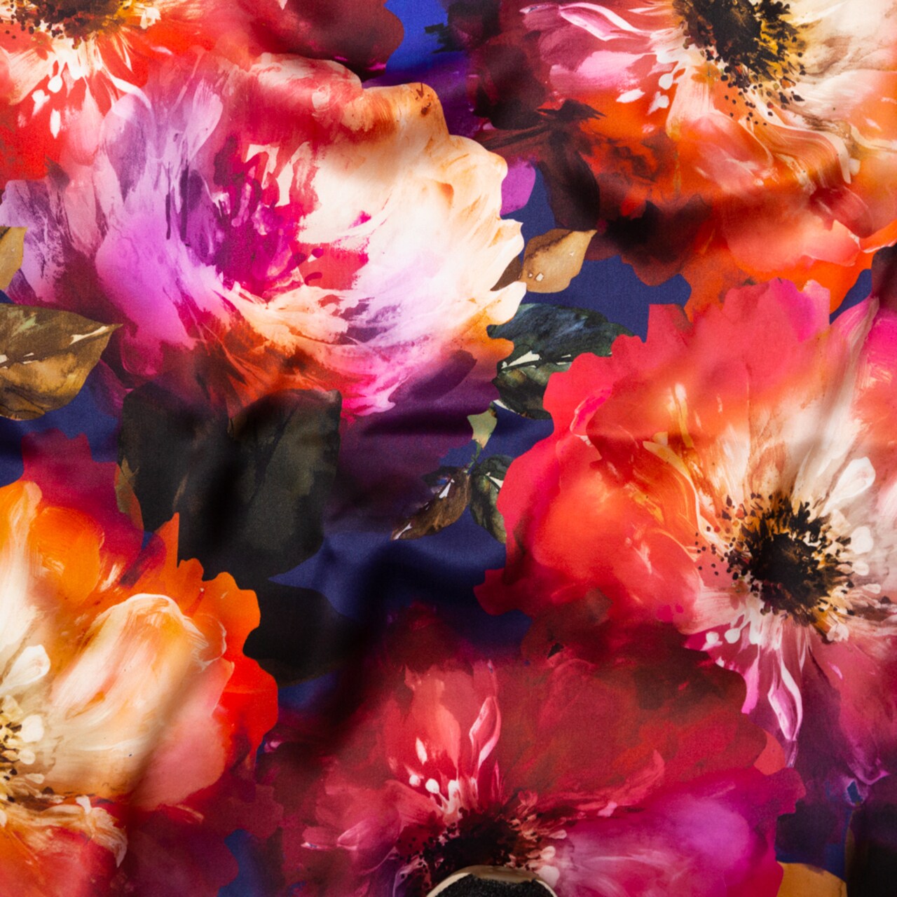 1 Yard Italian Pink Orange and Blue Painterly Floral Digitally Printed Silk Charmeuse 55 inch Width